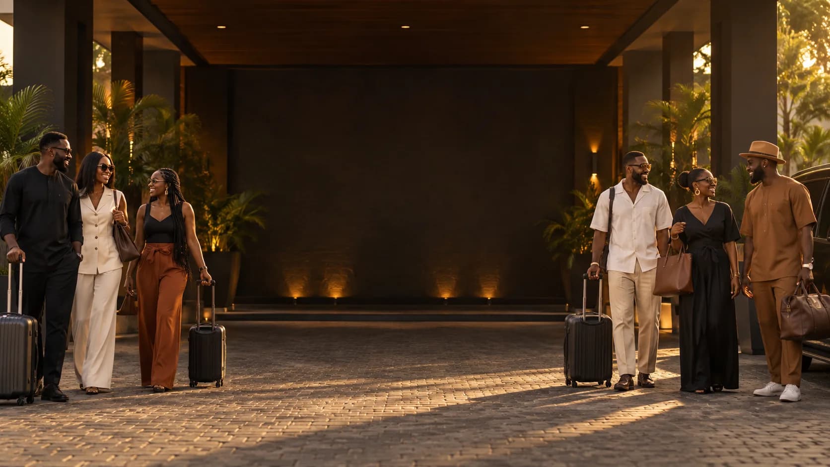 A group of guests arriving together at a warm Lagos boutique hotel