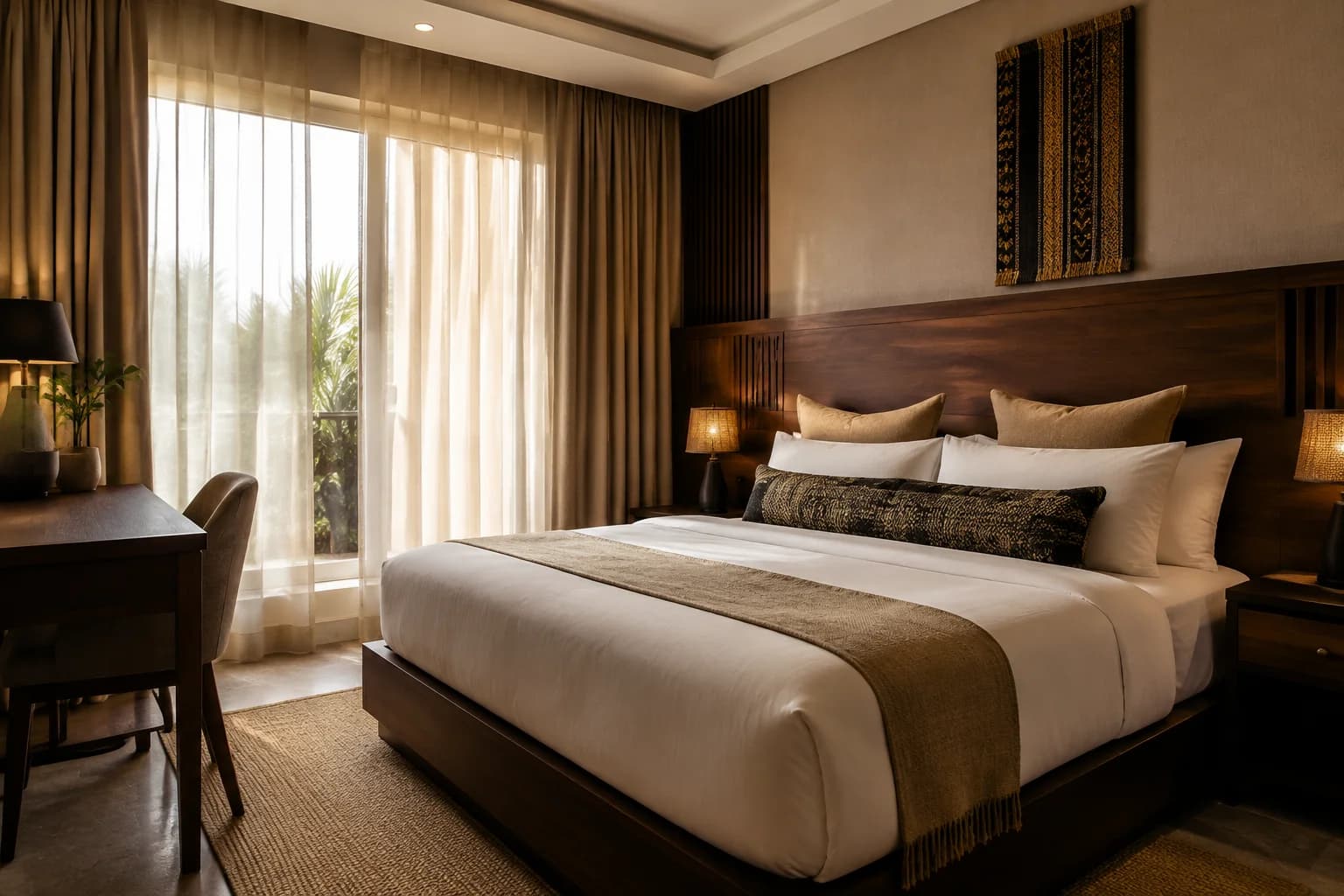 Warm contemporary bedroom at RJ Hotels